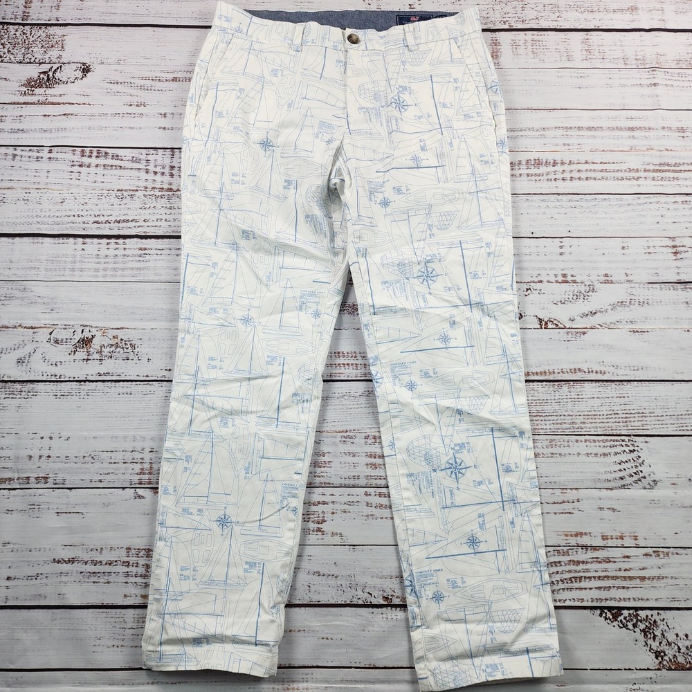 Vineyard Vines Pants Men's 33x32 White Navy Nautical Boat Print Stretch Chinos